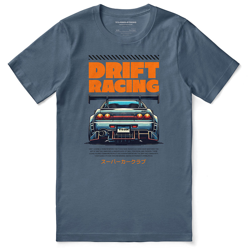 Yūjin Clothing Drift Racing Car T-Shirt featuring a bold graphic of a racing car on a casual black tee.