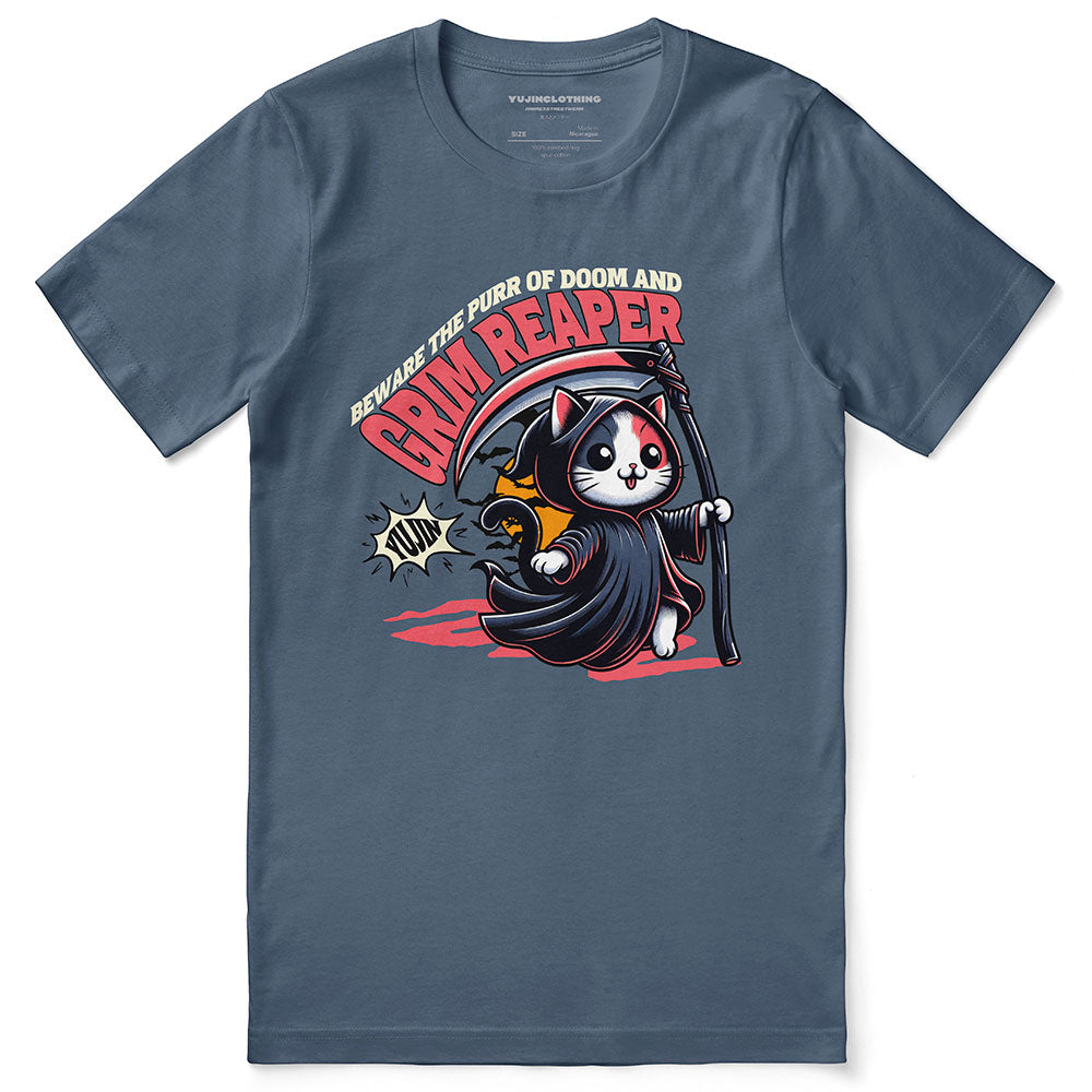 Yūjin Clothing Grim Reaper Cat T-Shirt featuring a dark, spooky cat illustration on soft cotton fabric.