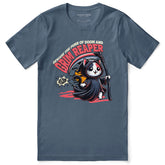 Yūjin Clothing Grim Reaper Cat T-Shirt featuring a dark, spooky cat illustration on soft cotton fabric.