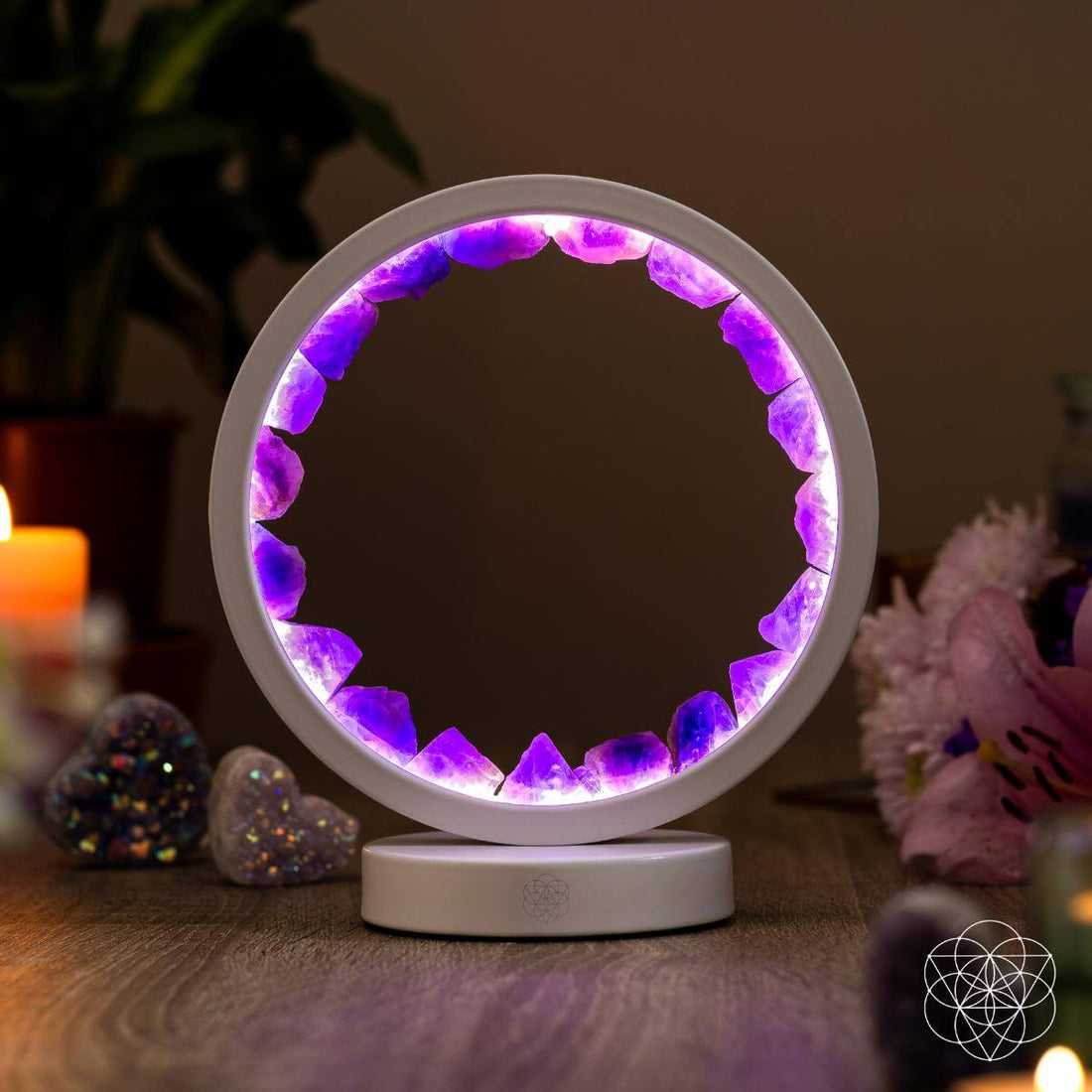 Amethyst healing night light by Conscious Items featuring a glowing purple crystal for relaxing sleep and stress relief.