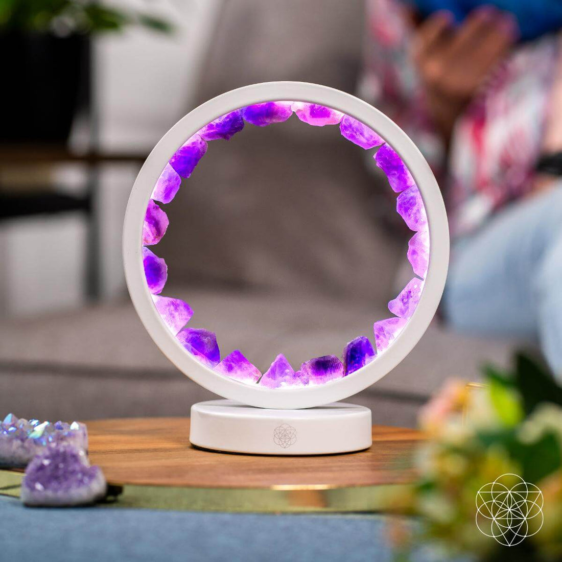 Amethyst healing night light from Conscious Items, designed to promote relaxation and better sleep with soothing purple glow.