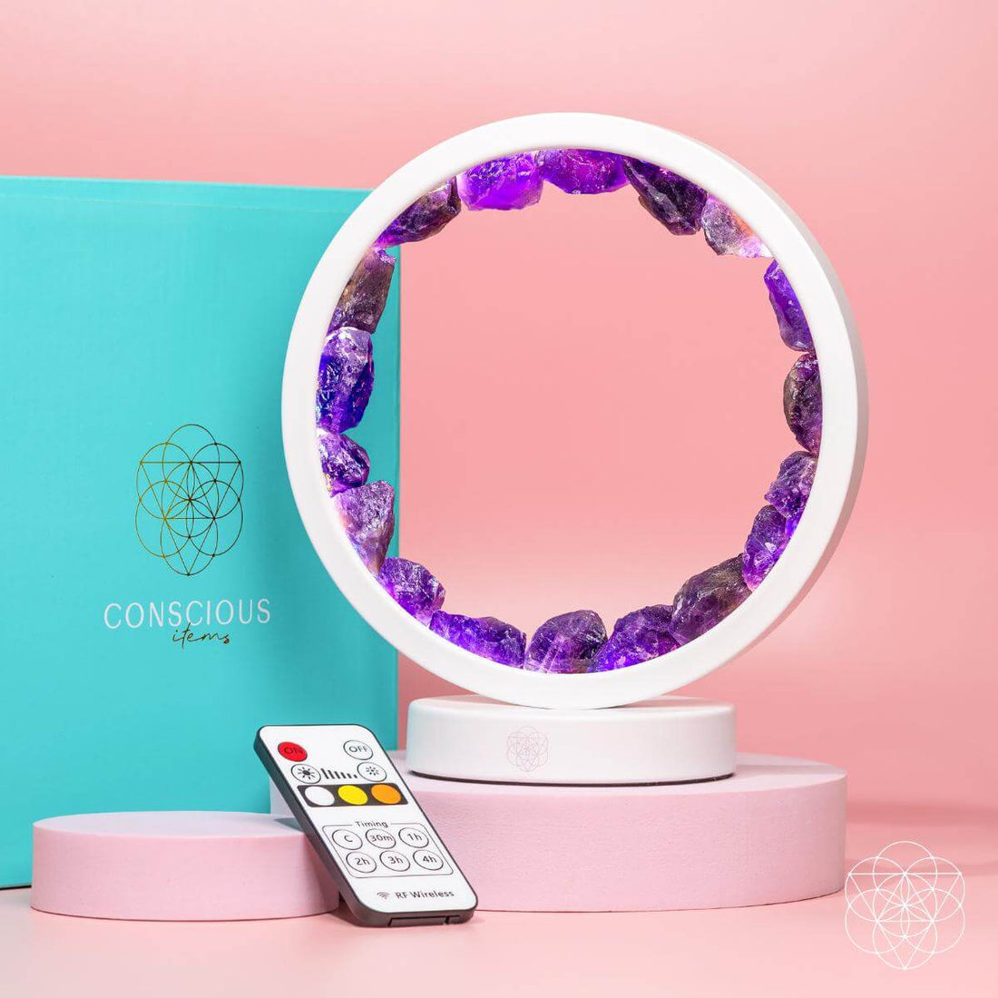 Amethyst healing night light from Conscious Items, calming lamp designed to promote relaxation and better sleep.