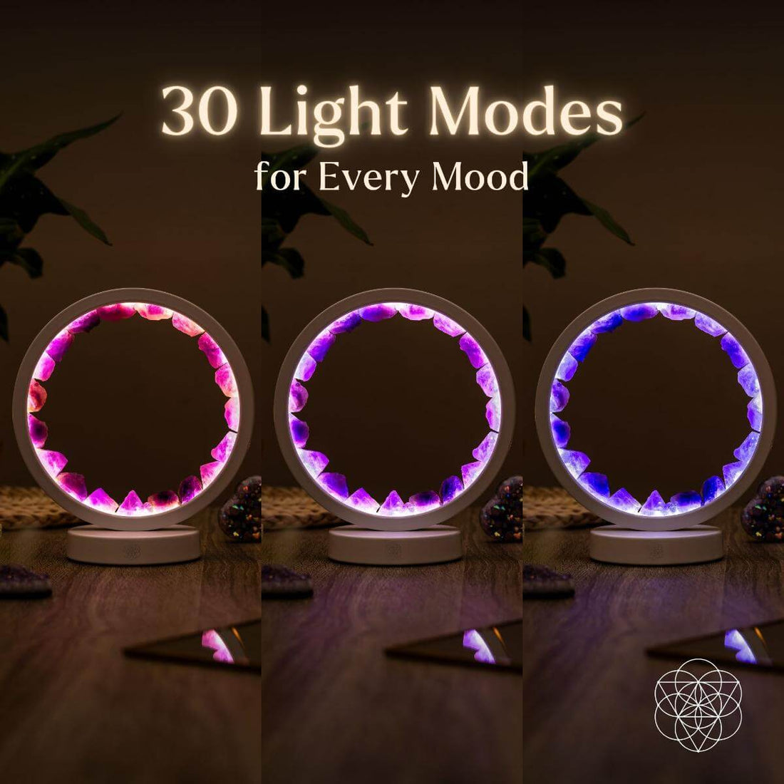 Amethyst healing night light from Conscious Items, designed to promote relaxation and better sleep with calming purple glow.