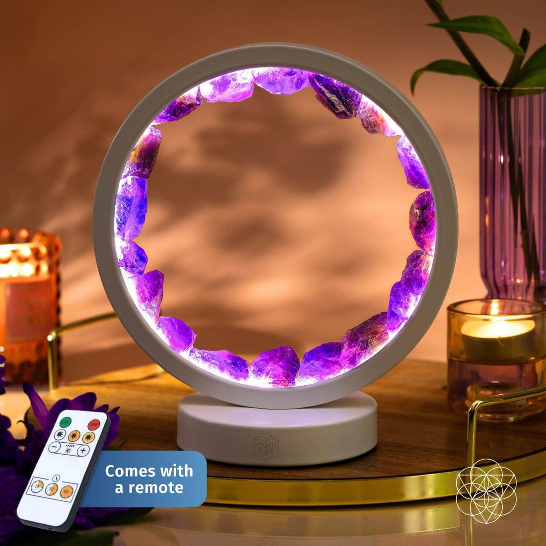 Amethyst healing night light by Conscious Items, designed to promote stress relief and better sleep with soothing purple glow.