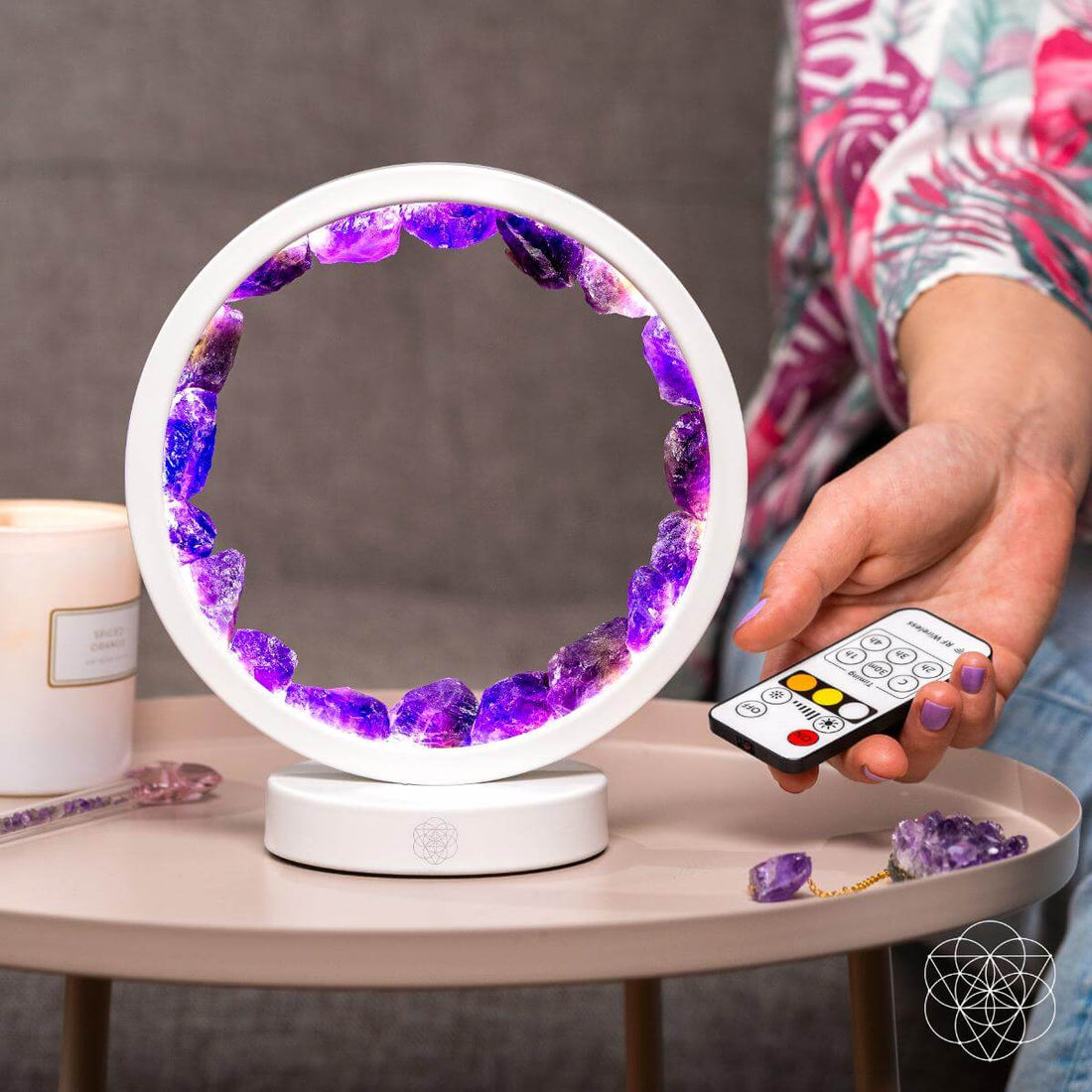 Amethyst healing night light from Conscious Items, promoting relaxation and better sleep with a calming purple glow.