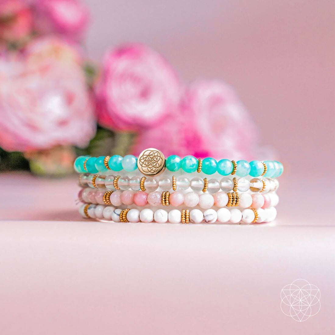 Set of four Conscious Items stress reliever bracelets, colorful jewelry set designed to reduce stress and promote relaxation.