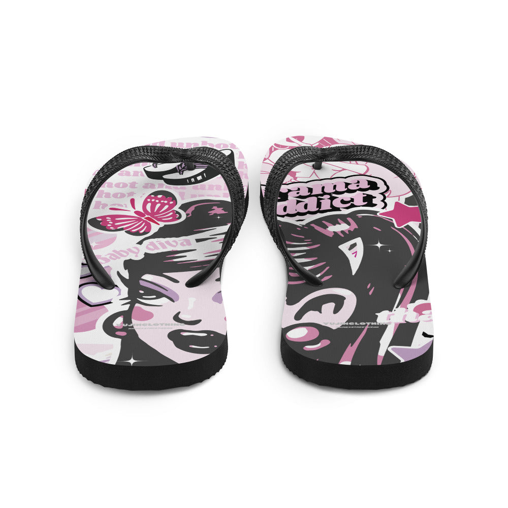 Yūjin Clothing Drama Addict flip-flops with colorful strap design and cushioned sole, ideal for casual summer wear.