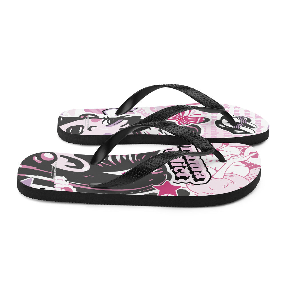 Yūjin Clothing Drama Addict flip-flops with colorful straps and cushioned soles, perfect for casual summer wear.