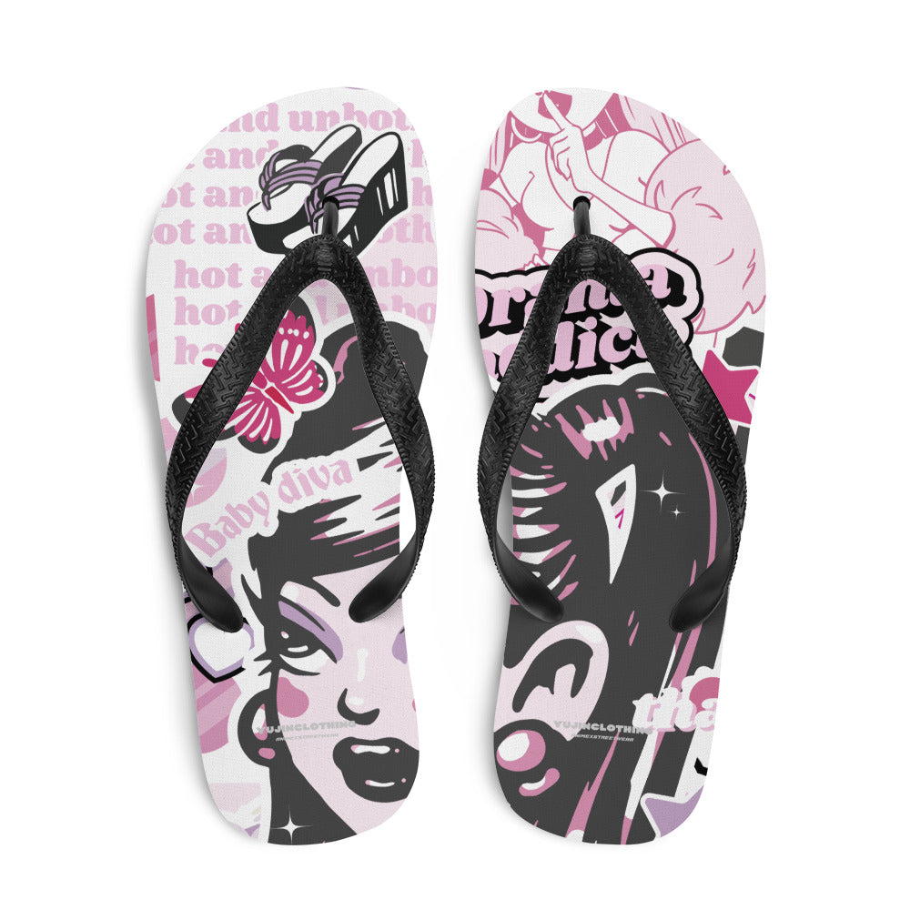 Yūjin Clothing Drama Addict flip-flops with colorful straps and cushioned soles, perfect for casual summer wear.