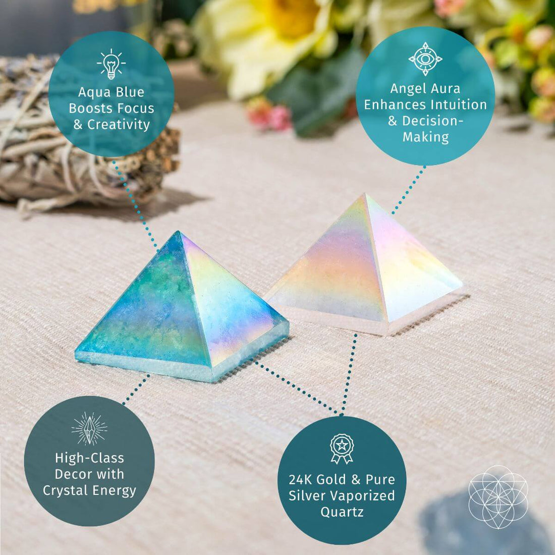 Crystal Heart sculpture titled "Summon My Power - Pyramids of Inner Fire" by Conscious Items, featuring vibrant pyramid-shaped crystals.
