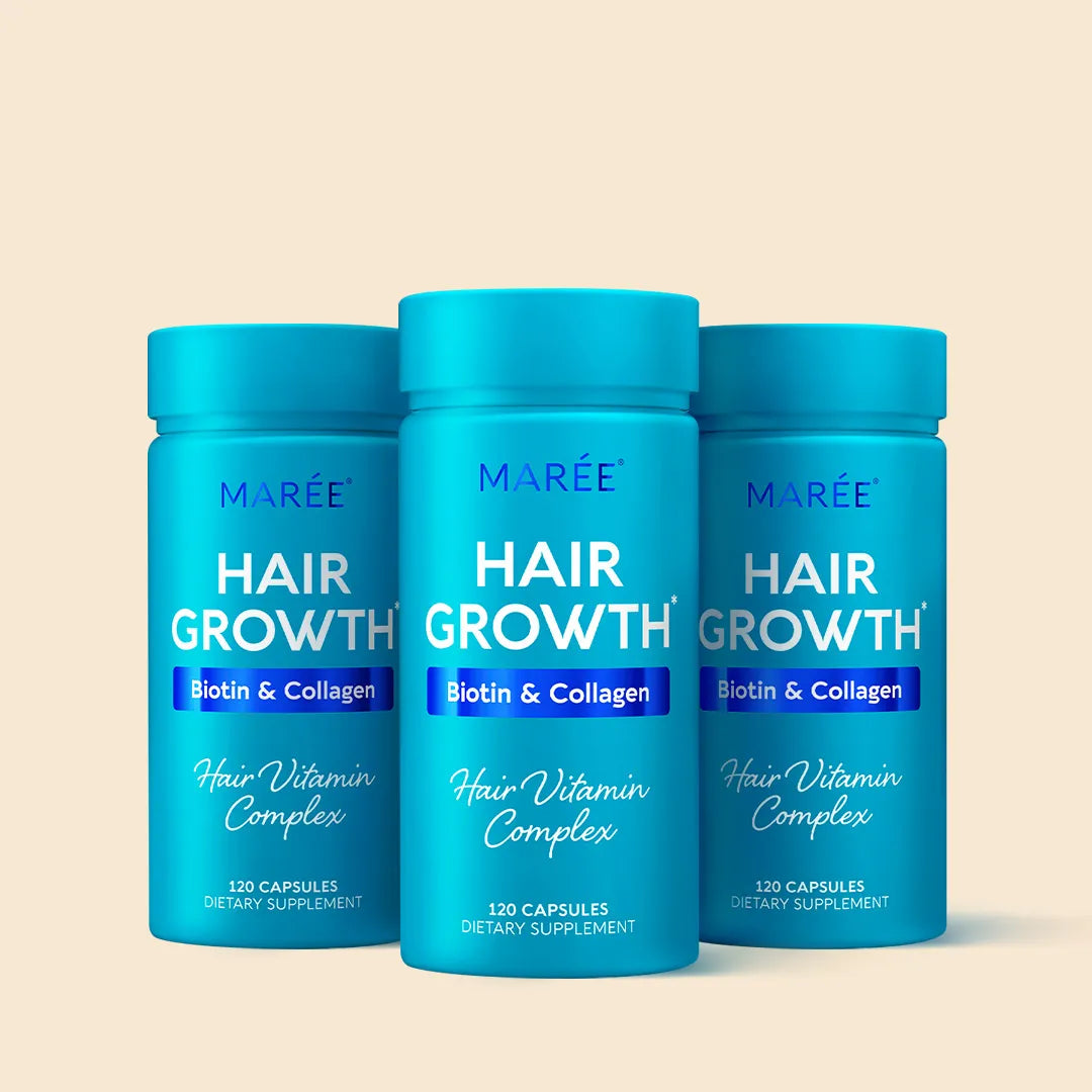 Maree Biotin &amp; Collagen Hair Growth Complex supplement bottle with capsules, shown on a white background.