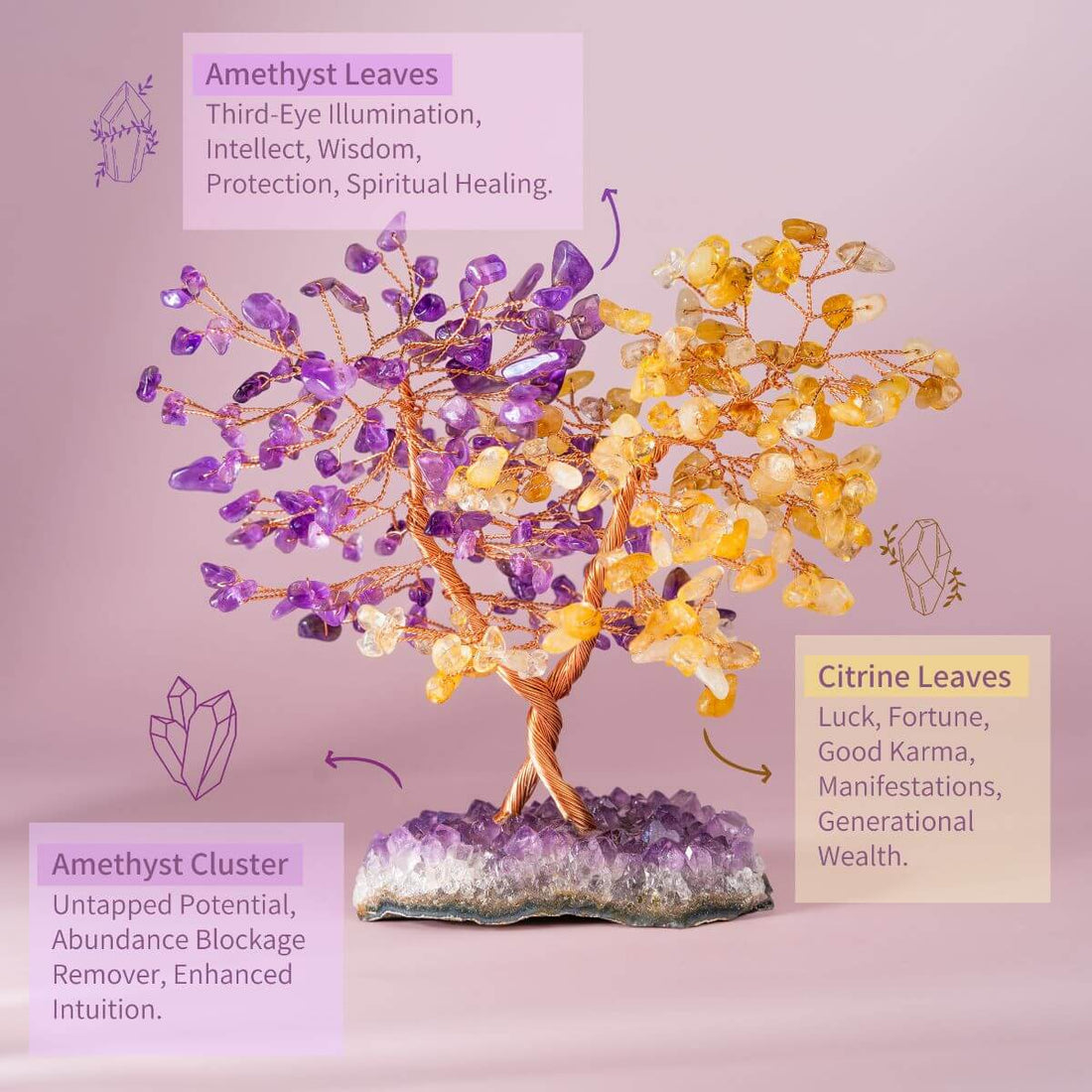 Crystal tree sculpture titled Supreme Abundance: Tree of Everlasting Fortune by Conscious Items, featuring vibrant crystal branches.