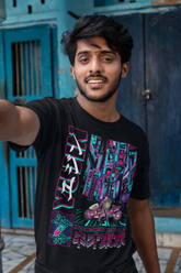 Yūjin Clothing Neo Tokyo T-Shirt featuring a vibrant cityscape graphic on a casual cotton T-shirt.