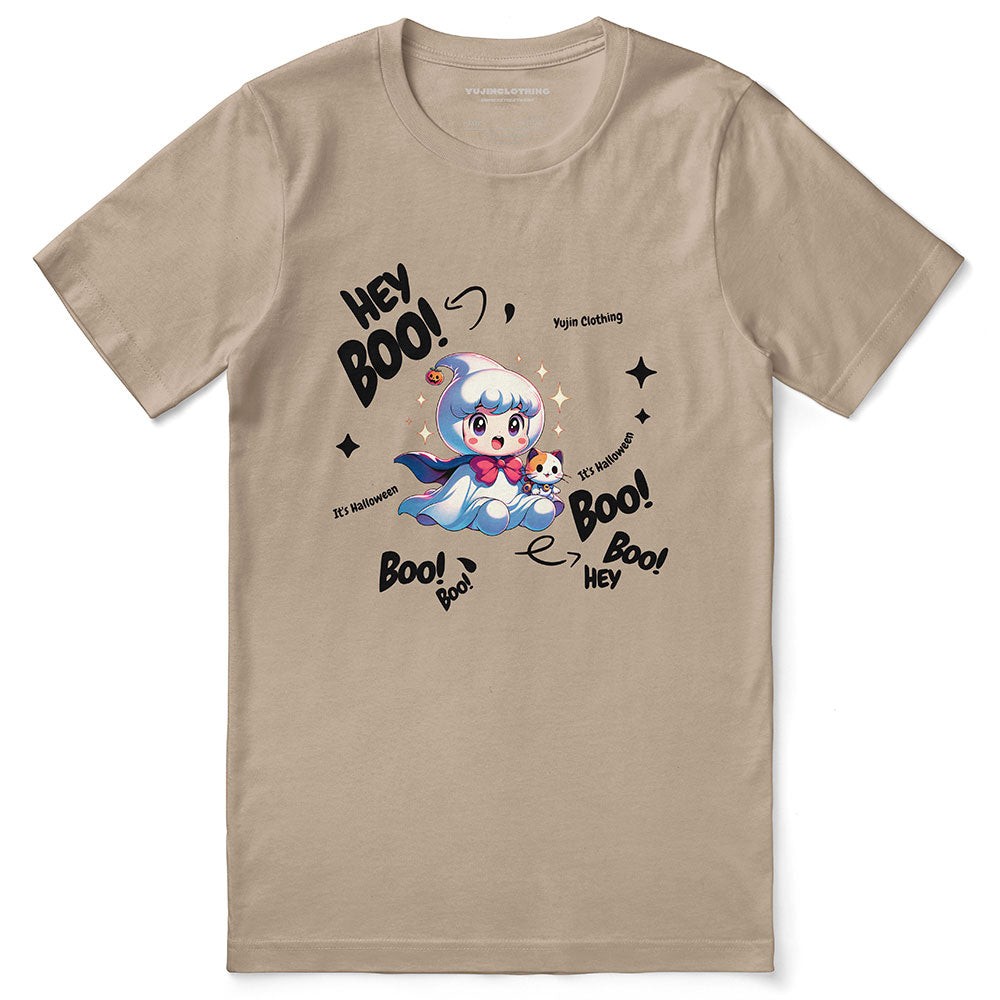 White ghost graphic T-shirt from Yūjin Clothing featuring a cute spooky ghost design on soft fabric.