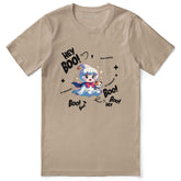 White ghost graphic T-shirt from Yūjin Clothing featuring a cute spooky ghost design on soft fabric.
