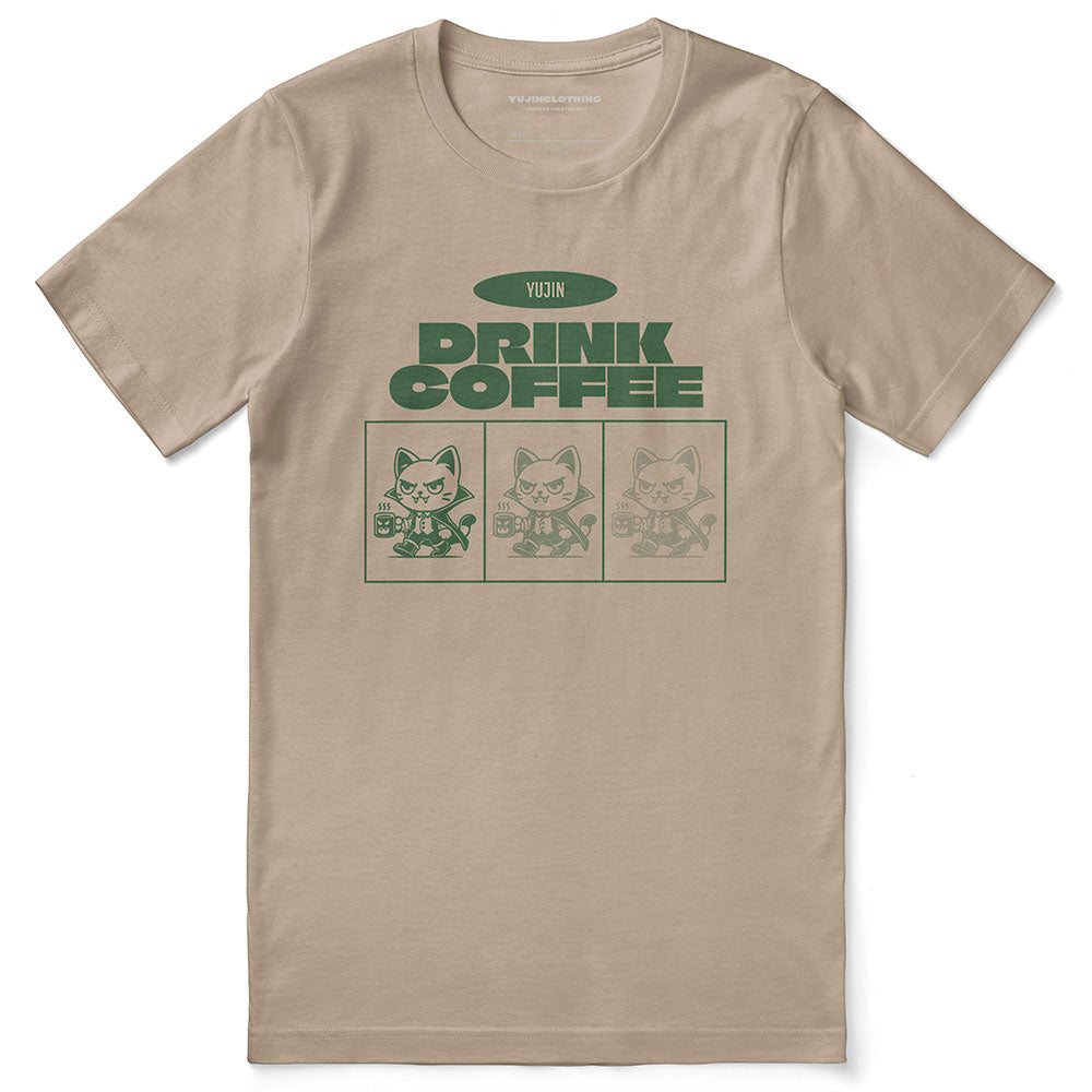 Yūjin Clothing Drink Coffee Cat T-Shirt featuring a playful cat design on a casual cotton T-shirt for coffee lovers.