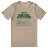 Yūjin Clothing Drink Coffee Cat T-Shirt featuring a playful cat design on a casual cotton T-shirt for coffee lovers.