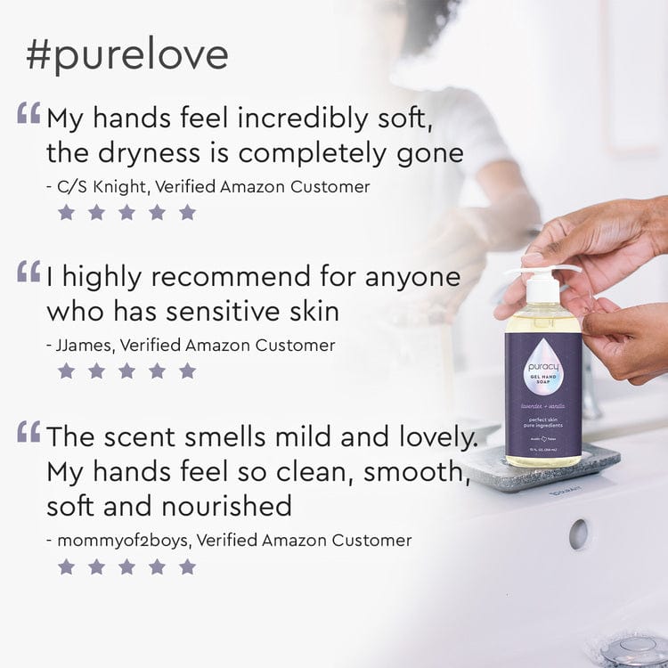 Puracy Gel Hand Soap in a clear pump bottle, showcasing its smooth gel formula and clean, modern packaging.