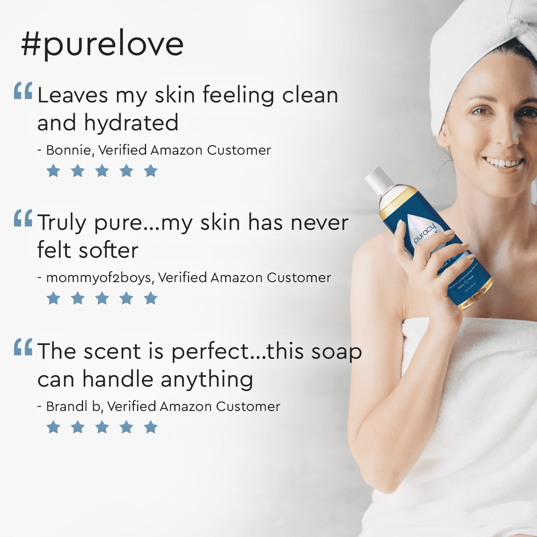 Puracy acidified, pH balanced body wash in a clear bottle, shown with testimonials background in this product image.
