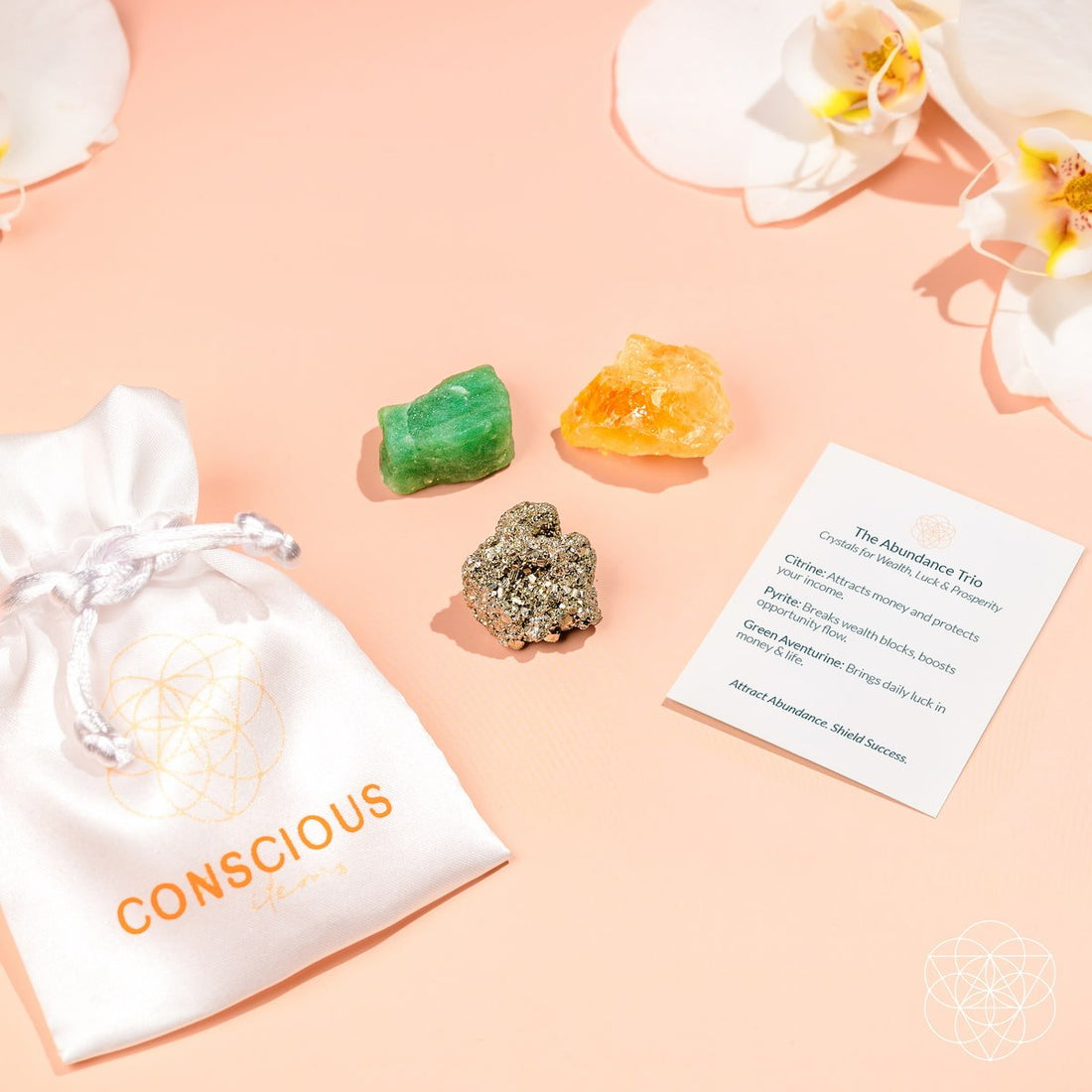Home decoration set featuring The Abundance Trio by Conscious Items, with three decorative pieces arranged for aesthetic display.