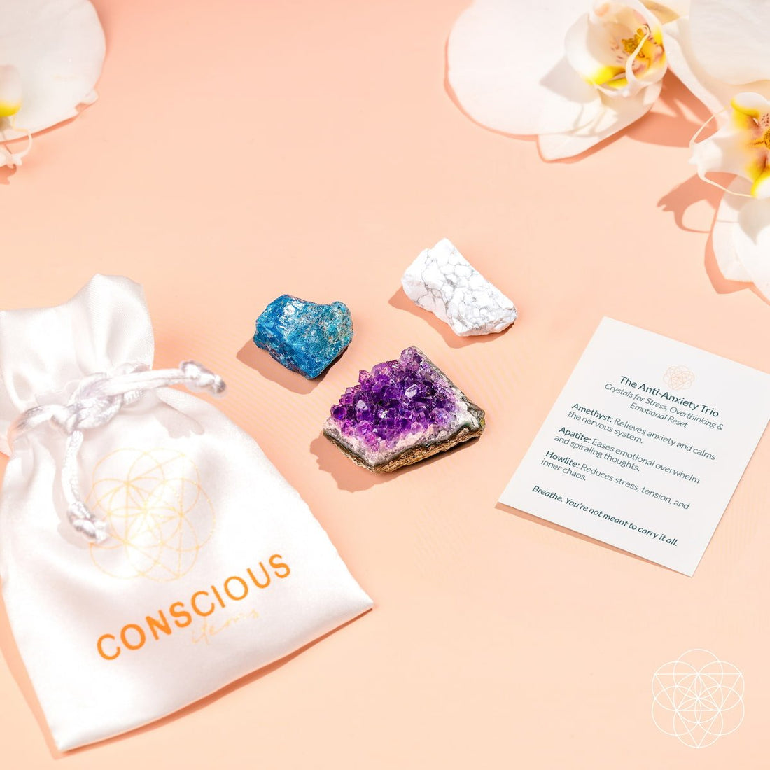 Decorative home ornament called The Anti-Anxiety Trio by Conscious Items, featuring calming, colorful ceramic figures on a wooden tray.