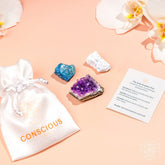 Decorative home ornament called The Anti-Anxiety Trio by Conscious Items, featuring calming, colorful ceramic figures on a wooden tray.