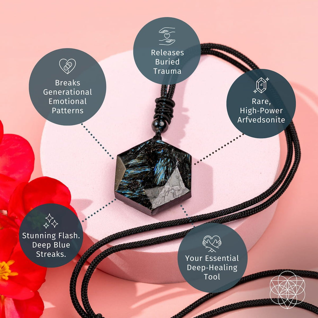 Deep healing Arfvedsonite pendant necklace by Conscious Items featuring a polished gemstone with natural patterns.