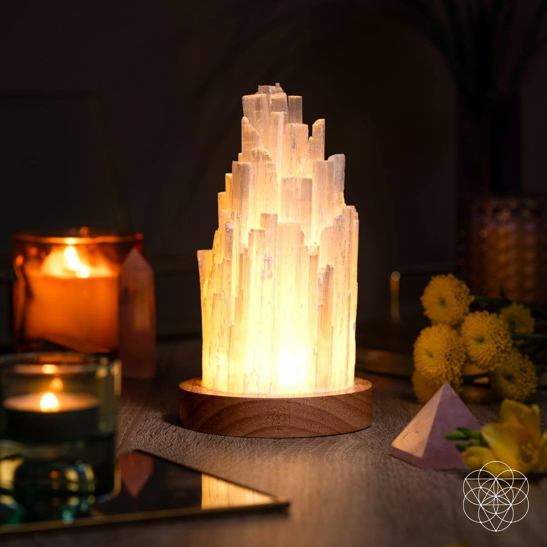 Selenite night light lamp by Conscious Items, 2 pounds, showcasing a clear, natural selenite crystal with a smooth, glowing surface.