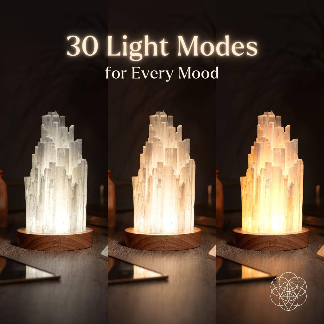 Selenite lamp by Conscious Items, 2-pound healing night light with natural crystal appearance and smooth, polished surface.