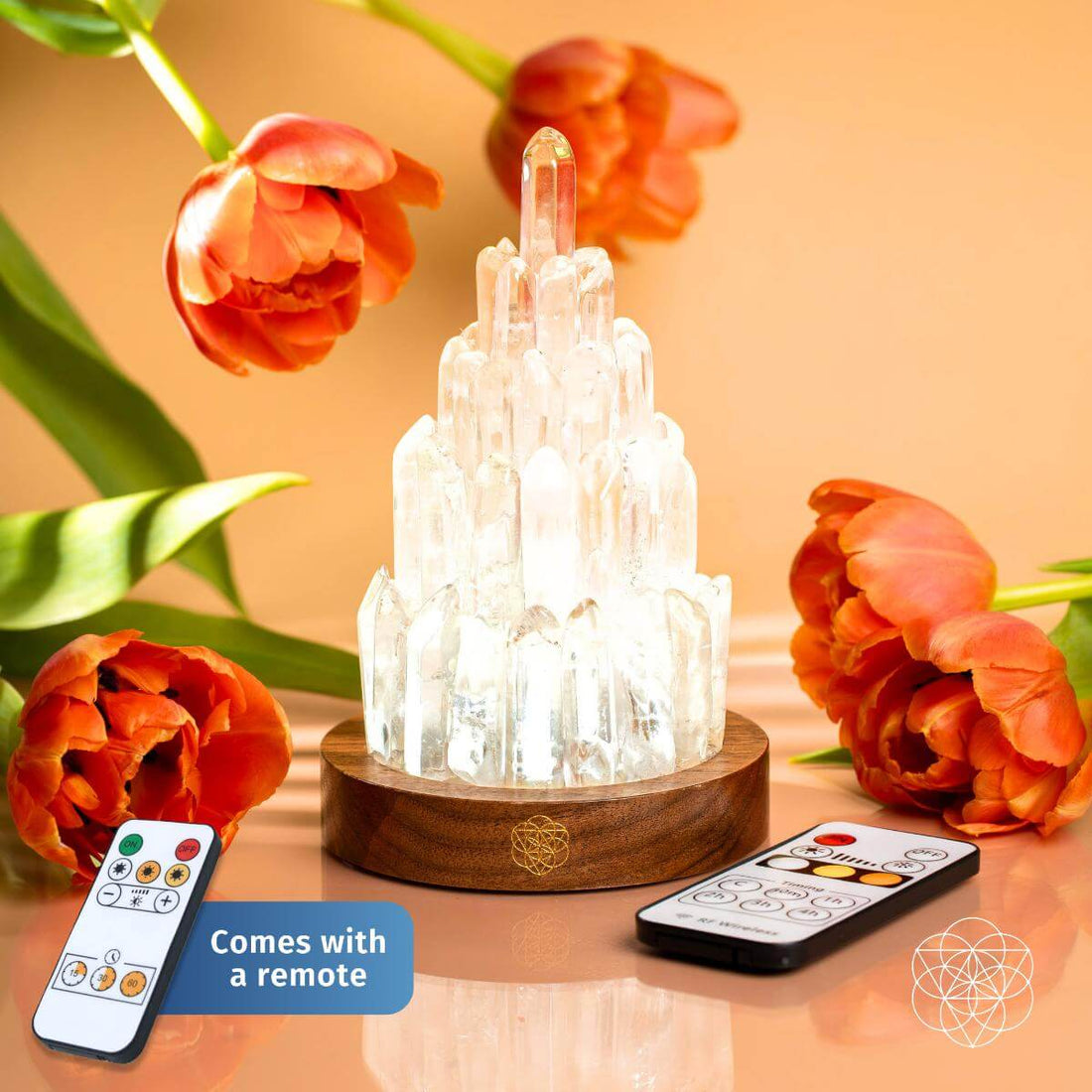 Clear Quartz manifestation tower lamp as a night light by Conscious Items, featuring a sleek, geometric design with illuminated quartz crystals.