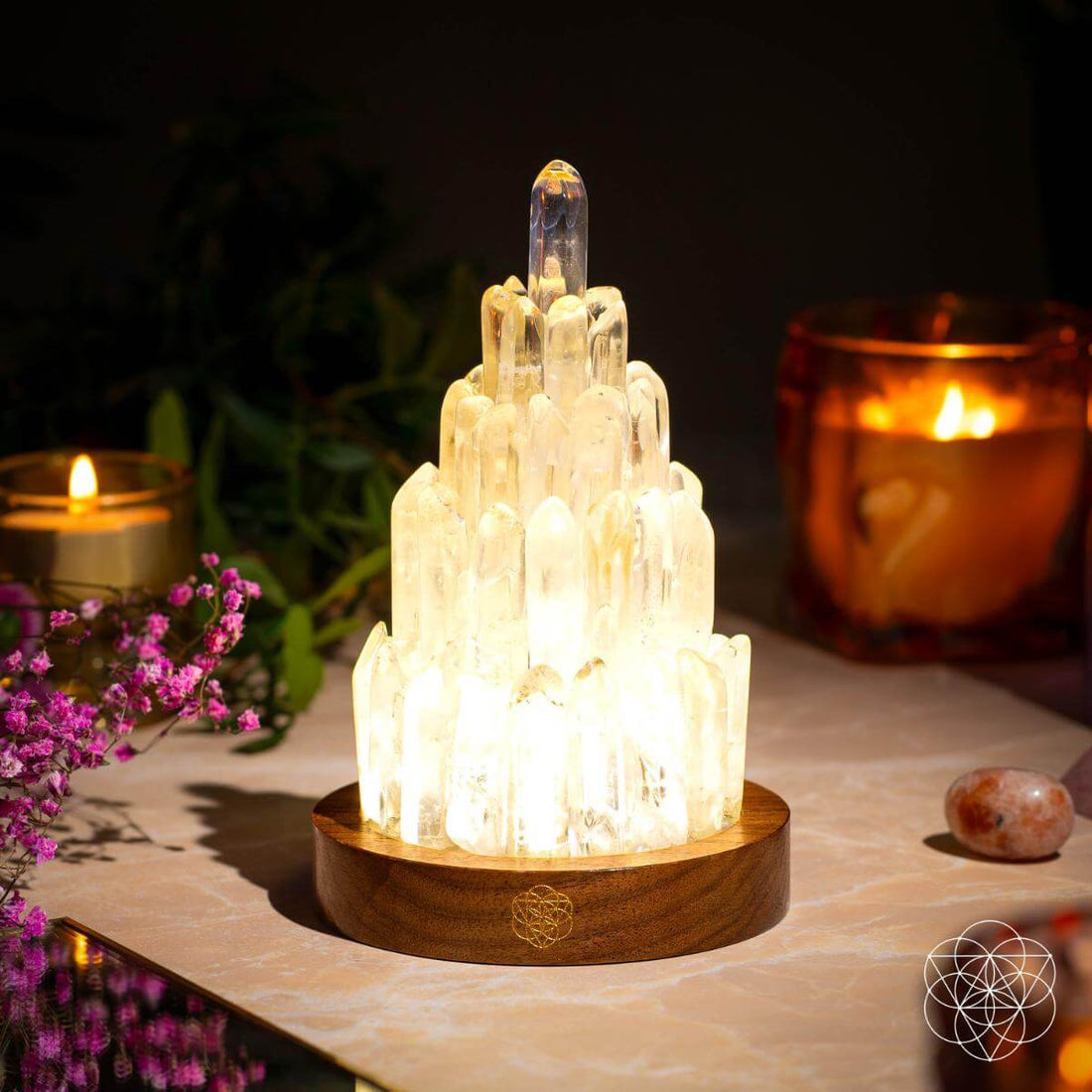 Clear Quartz Manifestation Tower Lamp night light by Conscious Items with glowing quartz crystal tower for positive energy.