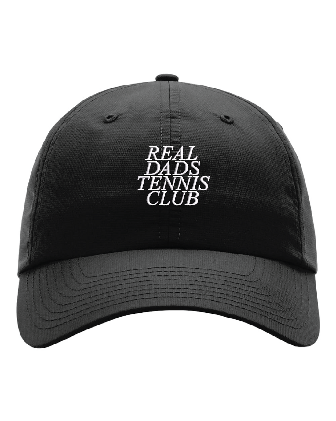 Black Real Dads Tennis Club Cap with curved brim and adjustable strap, casual sports style for men.