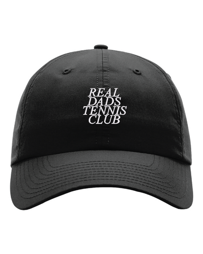 Black Real Dads Tennis Club Cap with curved brim and adjustable strap, casual sports style for men.