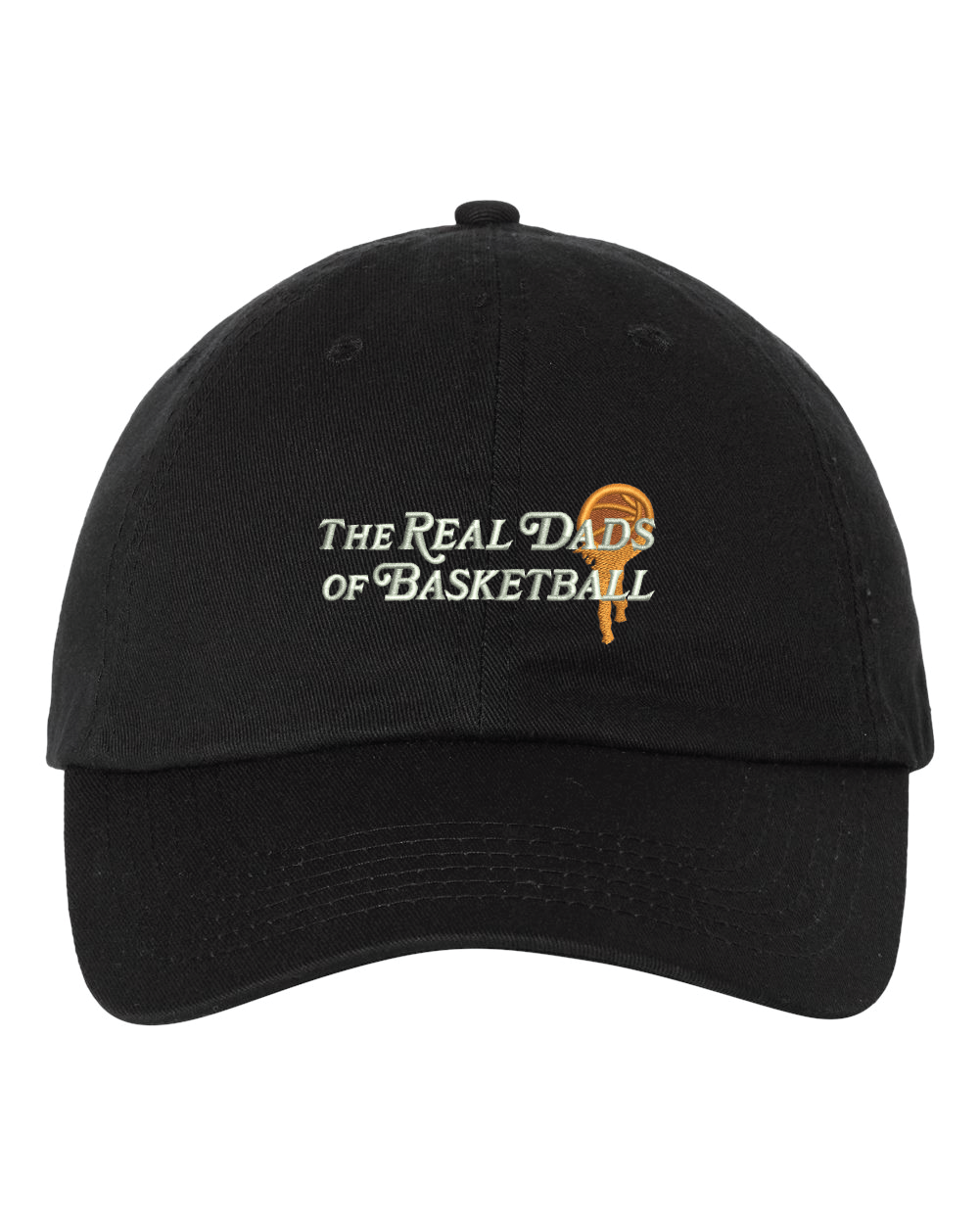 Black and orange basketball cap by The Real Dads featuring embroidered logo and curved brim, casual men&