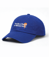 Orange and blue Real Dads BBall Cap with adjustable strap, featuring bold branding and sporty design.