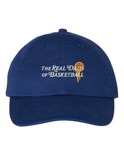 Orange and blue Real Dads BBall Cap with adjustable strap, featuring embroidered logo on front for casual sportswear style.
