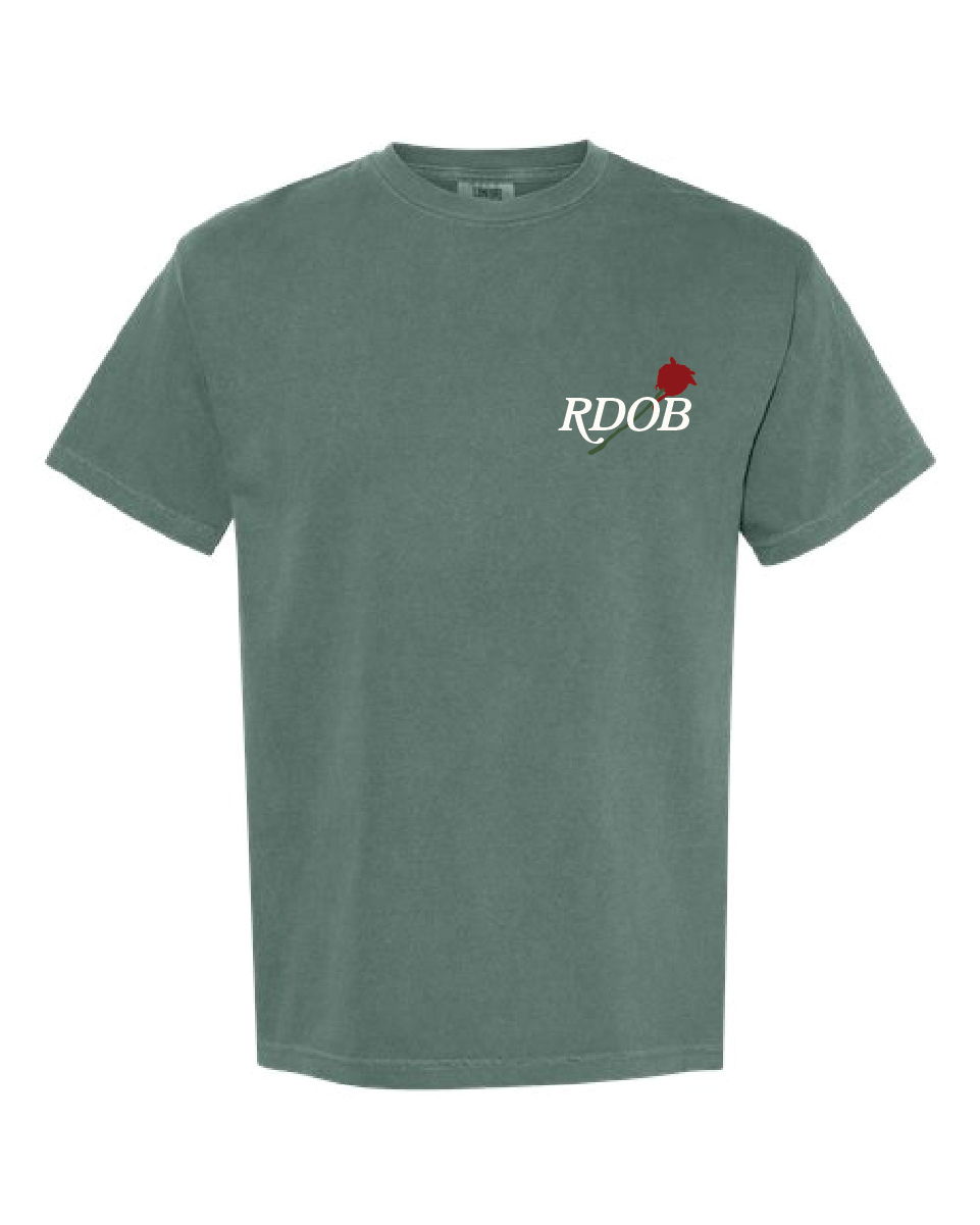 Faded green RDOB T-shirt by The Real Dads, featuring a casual fit and soft fabric, displayed on a hanger.
