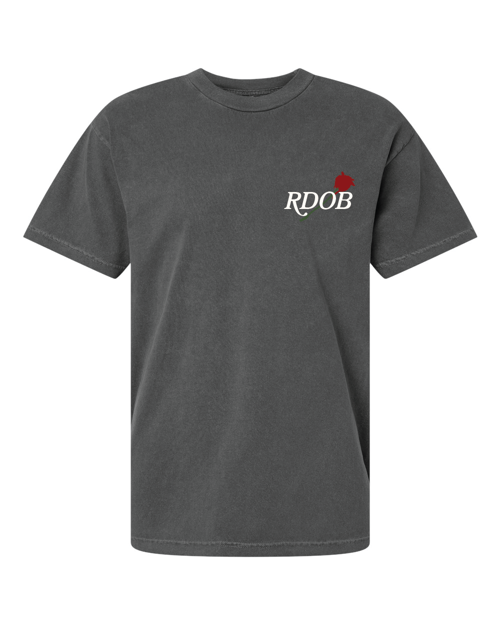 Faded grey RDOB T-shirt by The Real Dads, featuring a casual fit and soft fabric, shown laid flat on a white background.