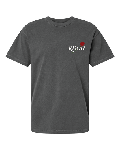 Faded grey RDOB T-shirt by The Real Dads, featuring a casual fit and soft fabric, shown laid flat on a white background.