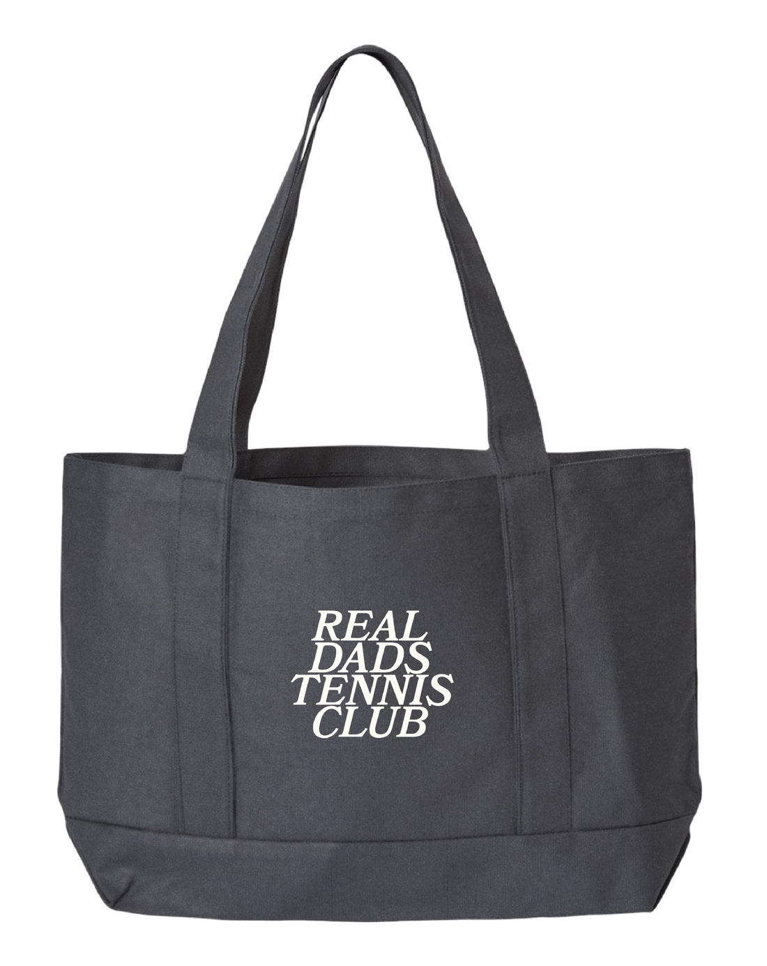 Real Dads Tennis Club tote bag with sturdy handles and tennis-themed design, perfect for carrying essentials.