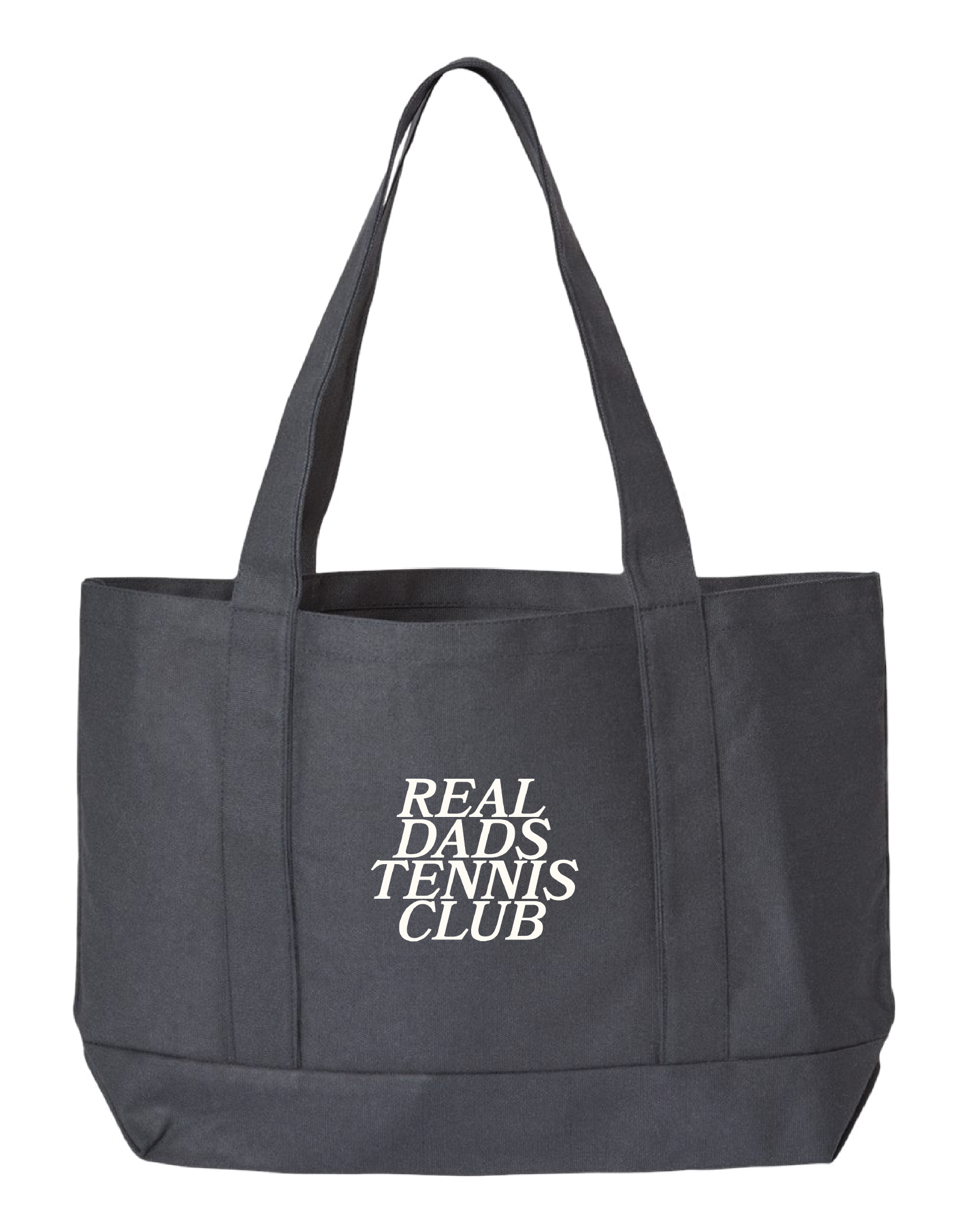 Real Dads Tennis Club tote bag with sturdy handles and tennis-themed design, perfect for carrying essentials.