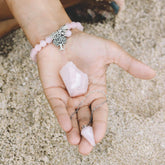 Rose quartz healing crystal jewelry set by Conscious Items, featuring polished rose quartz stones and matching jewelry pieces.