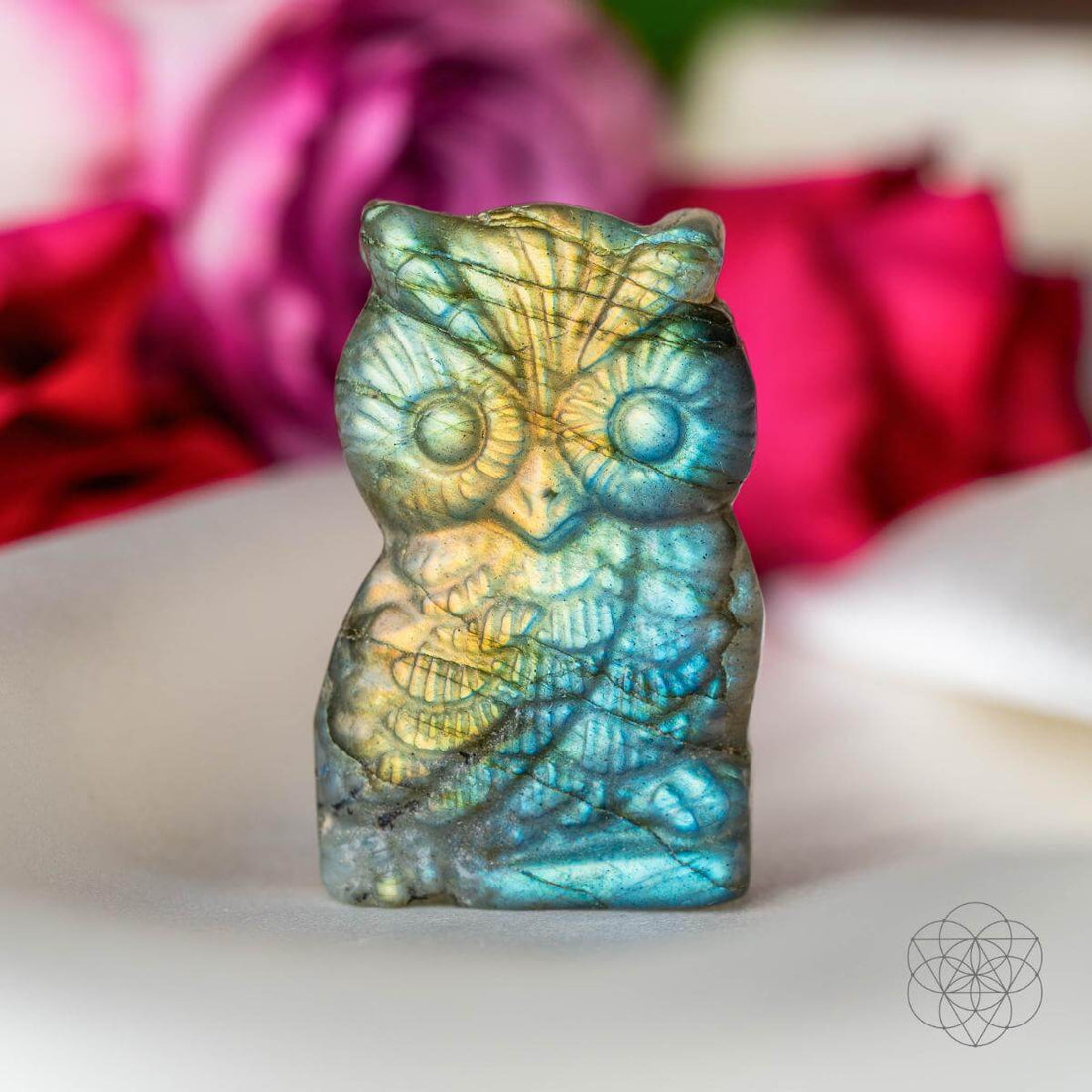Labradorite owl-shaped crystal heart talisman from Conscious Items, symbolizing wisdom and intuition.
