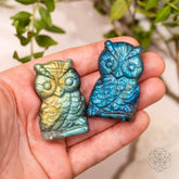 Labradorite owl talisman crystal heart pendant by Conscious Items, featuring a polished stone with natural iridescence and detailed owl design.