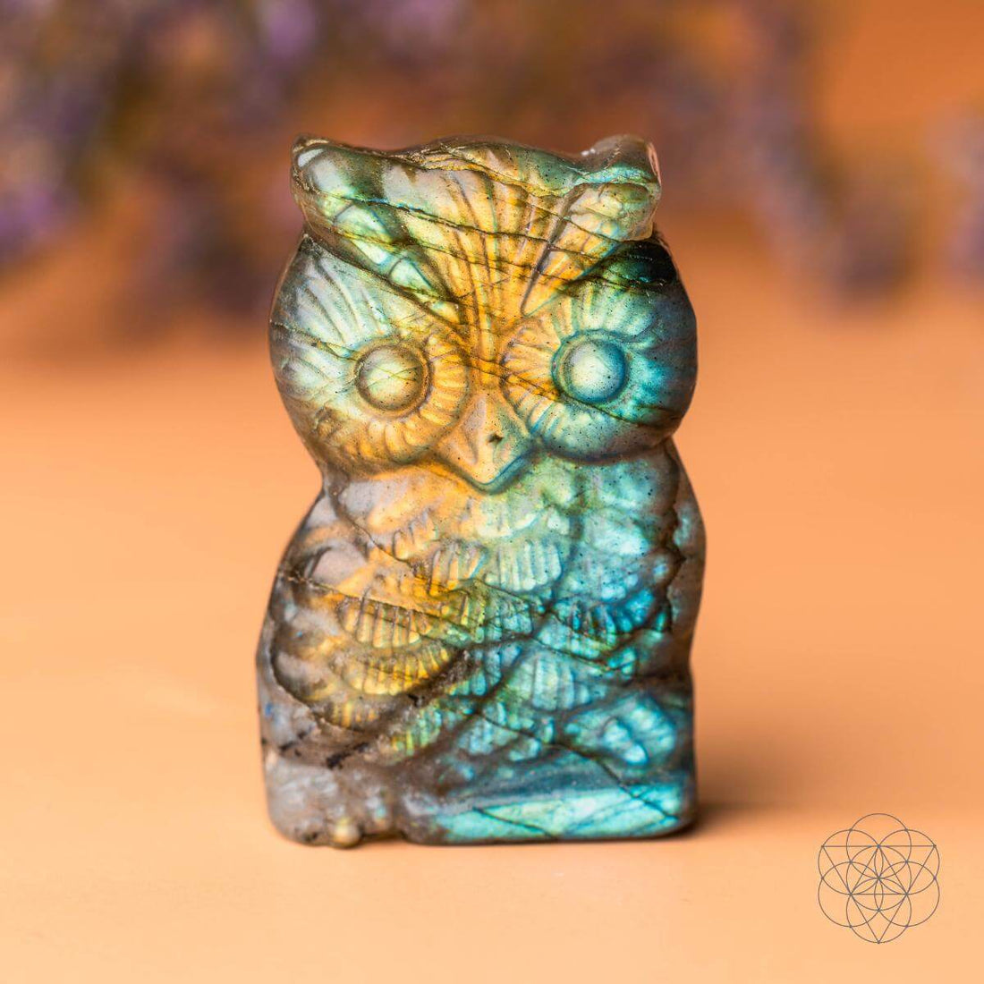 Labradorite owl-shaped crystal heart talisman from Conscious Items, featuring a polished stone with iridescent blue and green hues.
