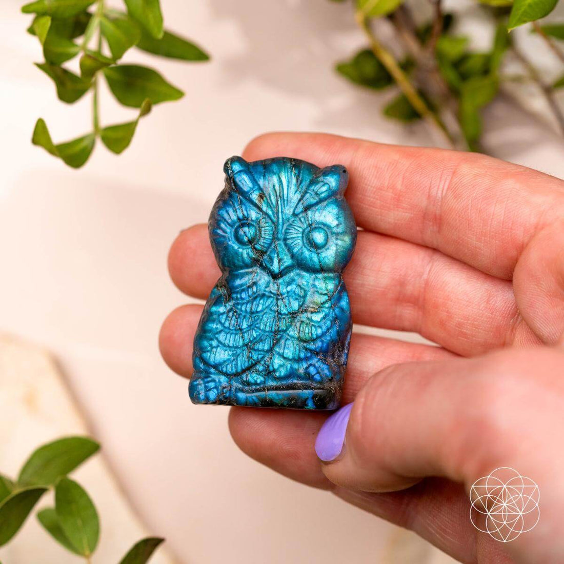 Labradorite Owl Talisman crystal heart pendant by Conscious Items, featuring a polished labradorite owl-shaped charm with iridescent stone.