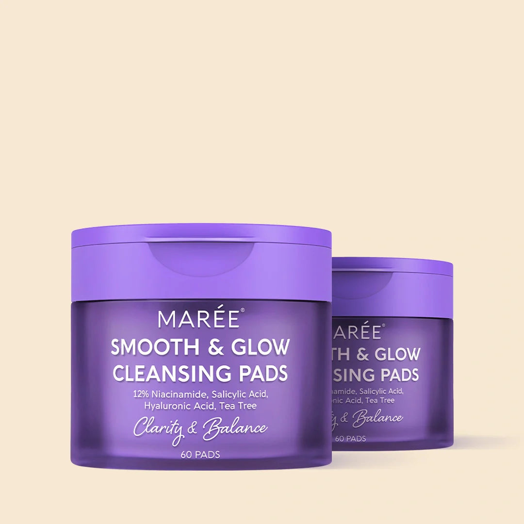 Maree Niacinamide Smooth &amp; Glow Pads arranged in a clear glass jar, showing their soft cotton pad texture and packaging.