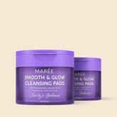 Maree Niacinamide Smooth & Glow Pads arranged in a clear glass jar, showing their soft cotton pad texture and packaging.