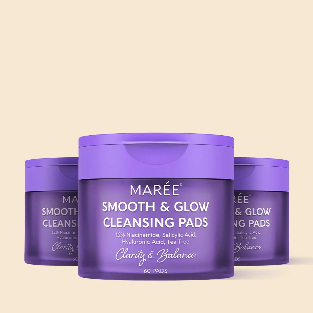 Maree 12% Niacinamide Smooth &amp; Glow Pads displayed on a white surface, showing the toner pads with packaging in the background.
