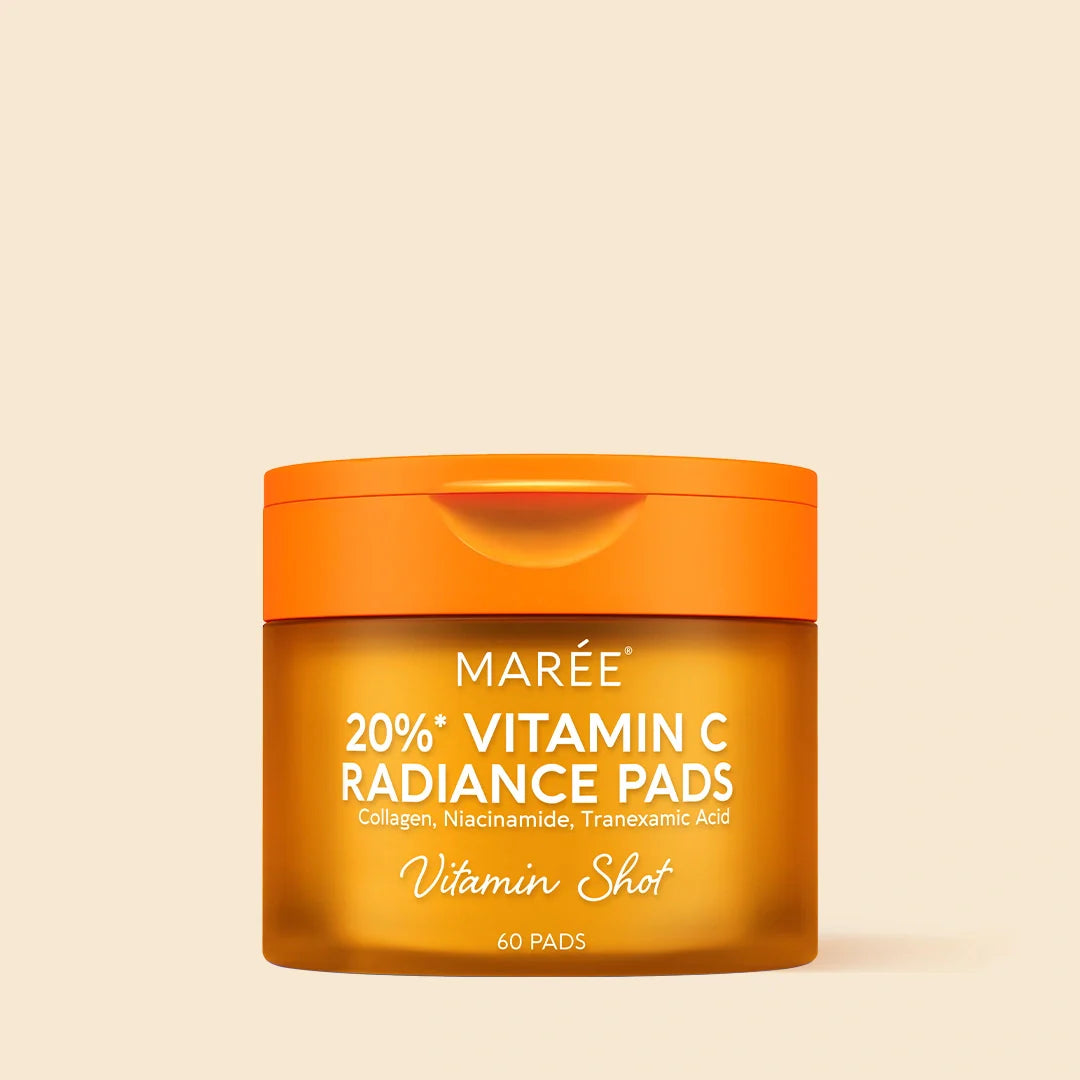 Maree Dark Spot Fading Vitamin C Pads shown on a card, featuring toner pads infused with vitamin C for brightening and skin tone improvement.